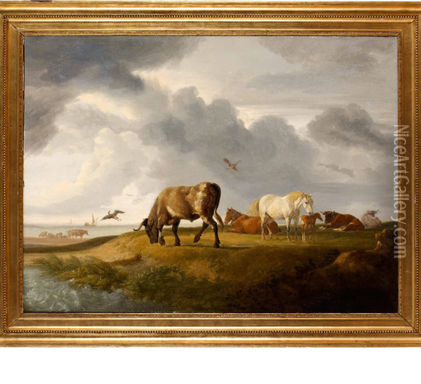 Boskap Vid Vattendrag Oil Painting - Johann Heinrich Menken