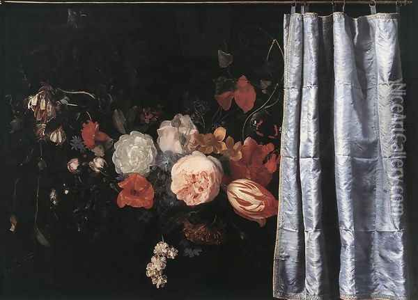 Flower Still-Life with Curtain 1658 Oil Painting - Adrian Van Der Spelt