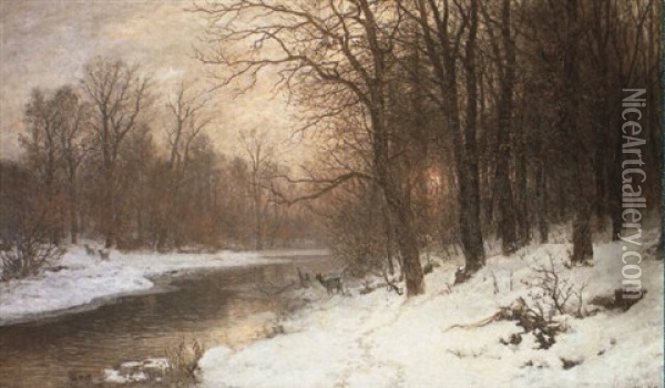Deer By A Riverbank In A Winter Landscape Oil Painting - Anders Andersen-Lundby