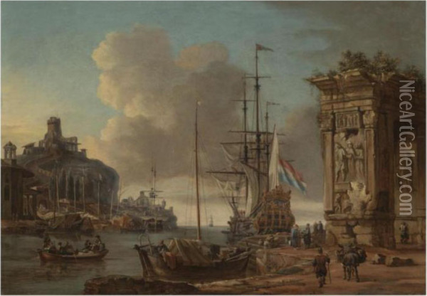 A Mediterranean Harbour Scene 
With A Dutch Man O' War At Anchor,with Orientals Conversing In The 
Foreground Beneath A Romantriumphal Arch Oil Painting - Abraham Storck