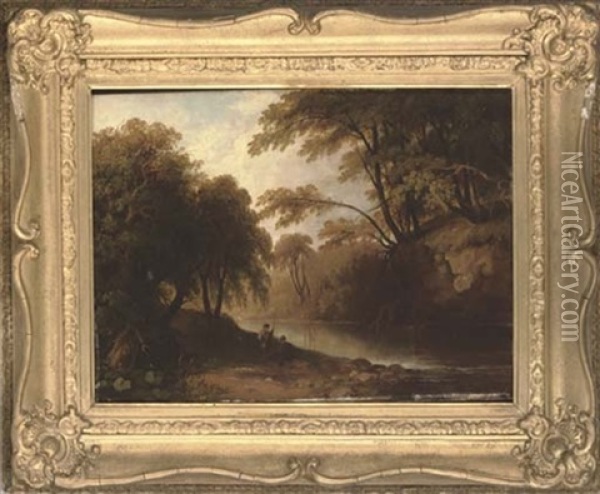 Fishing On A Quiet Stretch Of The River Oil Painting - Alexander Nasmyth