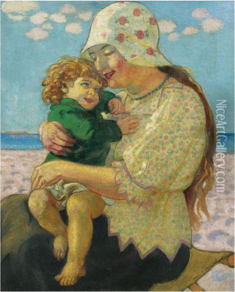 La Grande Soeur Anne-marie Et Francois Sur La Plage Oil Painting - Maurice Denis