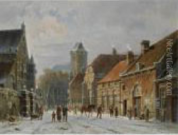 Figures In The Streets Of A Wintry Town Oil Painting - Adrianus Eversen