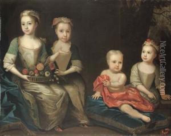 Group Portrait Of The Holdsworth Children, Mary (b. 1727), Sarah (b. 1728), Arthur (1733-1777) And Anne (b. 1731), Full-length, Seated In An Interior, A Landscape Beyond Oil Painting - James Francis Maubert