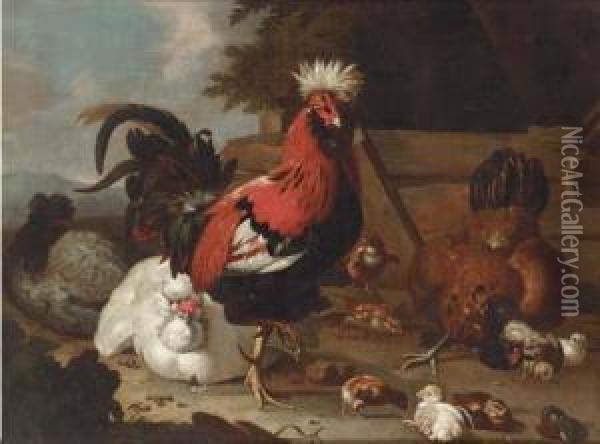 A Rooster, Hens And Chicks In A Farmyard Oil Painting - Marmaduke Cradock