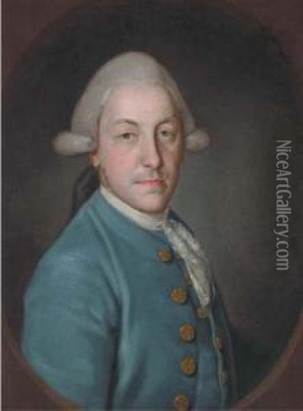 Portrait Of A Gentleman, Bust-length, In A Blue Coat And Lacecravat Oil Painting - Francis Coates Jones