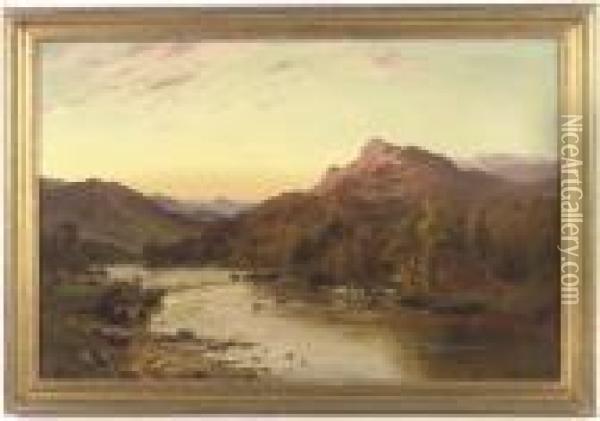 An Angler In A Mountainous River Landscape Oil Painting - Alfred de Breanski