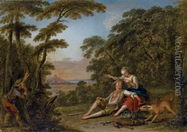 Un Couple Dans Un Bosquet Epie Par Un Promeneur Oil Painting - Sebastien Jacques Leclerc Des Gobelins