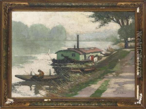 Barges At The River Bank Oil Painting - Paul Francois Berthoud