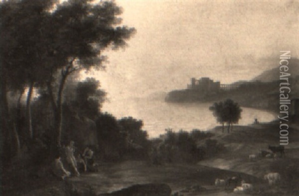 An Arcadian Coastal Landscape With Figures By A Tree Oil Painting - Claude Lorrain