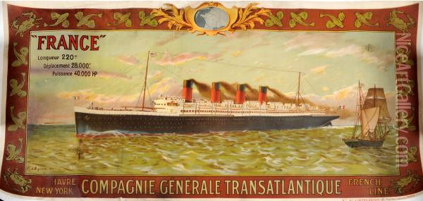 France, Compagnie Generale Transatlantique - French Line Oil Painting - Eugene D' Argence