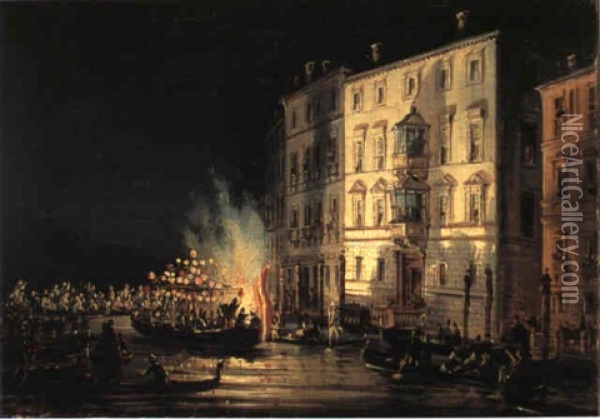 Nattescene Fra En Veneziansk Kanal Med Oplyste Gondoler Og  Fyrvaerkeri Oil Painting - Carlo Grubacs