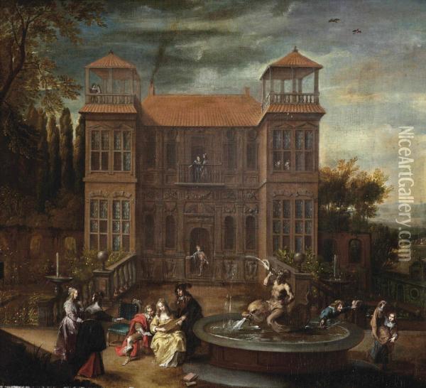 An Elegant Company Making Merry By A Fountain In Front Of Ahouse Oil Painting - Cornelis de Wael