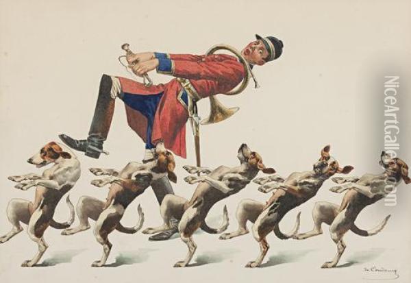 Dancing Huntsman And Hounds Oil Painting - Charles Fernand de Condamy