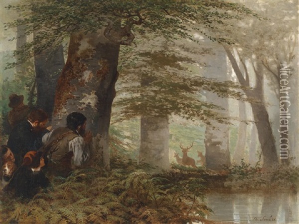 Jager Begegnen Im Wald Einem Hirschrudel Mit Einem Zwolfender Oil Painting - Charles Soubre