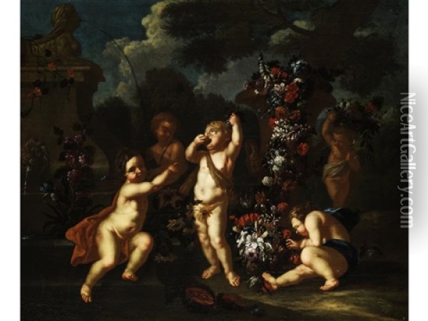 Putten In Einem Schlosspark (allegorie Von Venus Und Bacchus) Oil Painting - Pieter Casteels III