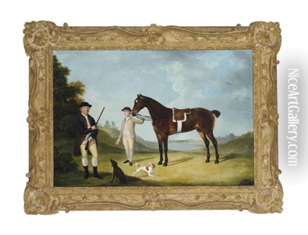 A Gentleman And His Hounds In An Extensive Landscape, His Groom Holding The Reins Of His Chestnut Hunter Oil Painting - Thomas Stringer