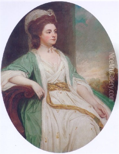 Portrait Of Lady Katherine Griffin Wearing A White Dress With A Gold Leaf Pattern And A Light Blue Cloak Oil Painting - George Romney