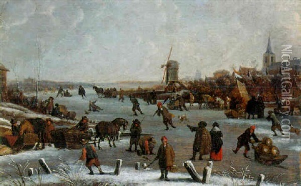 A Winter Landscape With Skaters And Sledges On A Frozen River By A Village, A Town Beyond Oil Painting - Nicolaes Molenaer