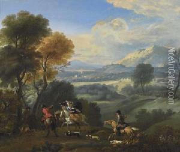 Hunting Group On Horseback. Oil Painting - Jan van Huchtenburg
