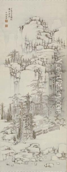 Chinese Scholar In A Mountain Pavilion Oil Painting - Nakabayashi Chikuto