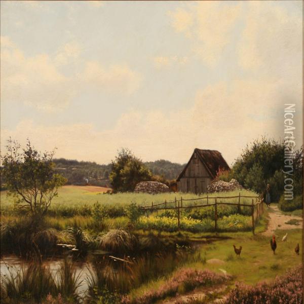 Summer Day At A Farm On The Country Oil Painting - Adolf Larsen