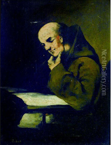 Monk Reading Oil Painting - Theodule Augustine Ribot