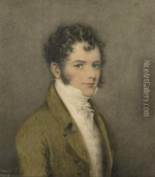 Portrait Of A Young Gentleman, 
Half-length, In A Green Coat With A White Waistcoat And Stock Oil Painting - Adam Buck