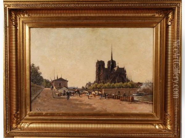 Paris, Vue De Notre-dame Depuis Les Quais Oil Painting - Henri Linguet