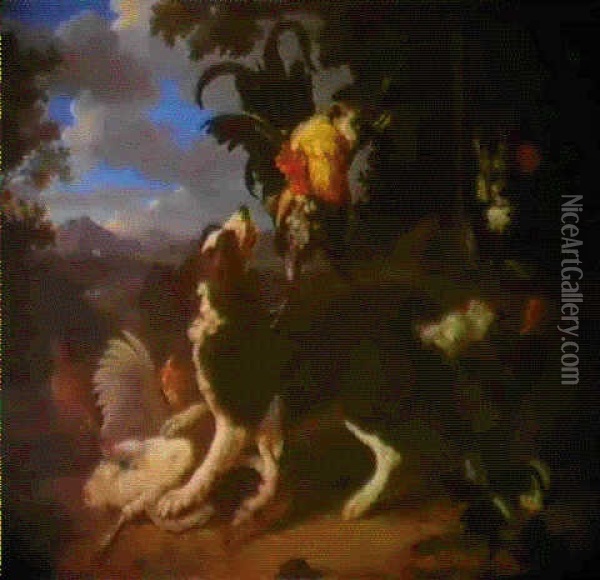 Animale Da Cortile E Cane Su Sfondo Di Paesaggio Oil Painting - Melchior de Hondecoeter