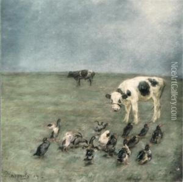 Entenfamilie Und Kalber Auf Der Wiese Oil Painting - Niels Pedersen Mols