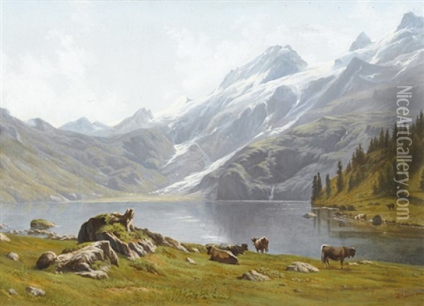 Der Engstlensee Mit Weidenden Kuhen Oil Painting - Louis Durand