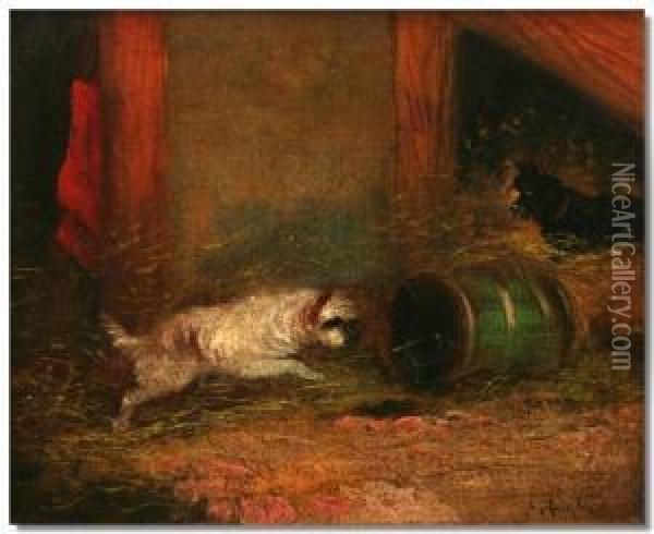 Terriers With A Barrel In A Barn And Terriers Playing Oil Painting - J. Langlois