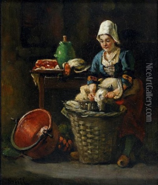 Cuisiniere Plumant Le Gibier Oil Painting - Antoine Jean Bail
