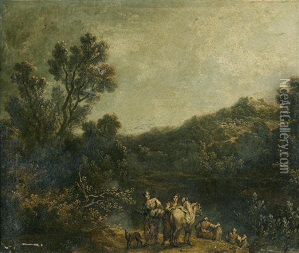 Lavandieres Pres D'un Lac Oil Painting - Pierre Salomon Domenchin De Chavannes