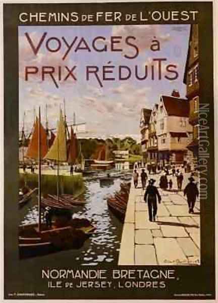 Poster advertising French rail routes to Normandy, Brittany, Jersey and London Oil Painting - Robert Boullier