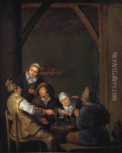 Peasants Drinking In An Interior Oil Painting - Adriaen Verdoel