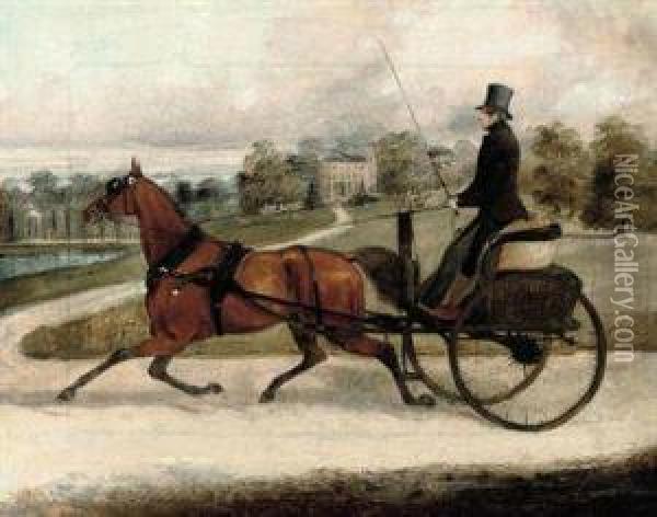 A Gentleman In His Gig, A Country House In The Distance Oil Painting - Henry Thomas Alken