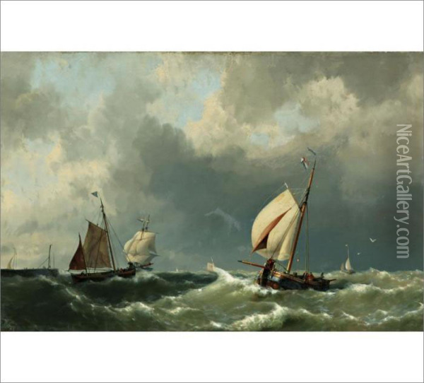 A Painting Of Sailing Ships Off The Coast Oil Painting - Hermanus Jr. Koekkoek