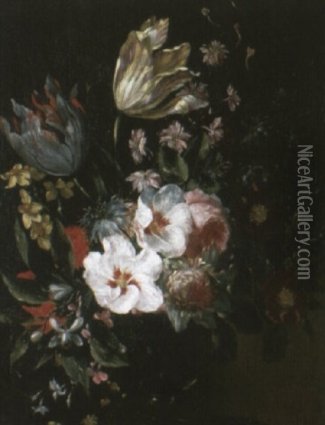 Tulips And Other Flowers In A Vase On A Ledge Oil Painting - Jean-Baptiste Monnoyer
