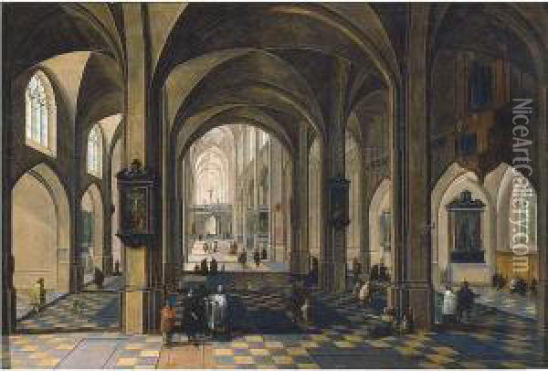 The Interior Of A Gothic Cathedral With Figures Oil Painting - Peeter, the Elder Neeffs