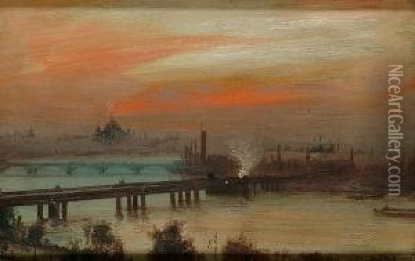 'morning Over The River'; Westminster By Moonlight; The River At The Tower Oil Painting - George Hyde Pownall