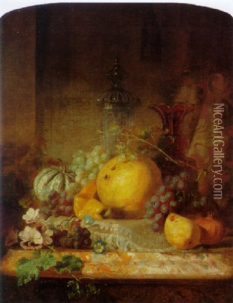 Still Life With Fruit And Vine Leaves Oil Painting - Martha Darley Mutrie