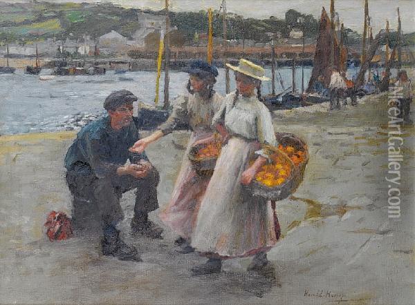 The Orange Sellers, Newlyn Harbour Oil Painting - Harvey Harold