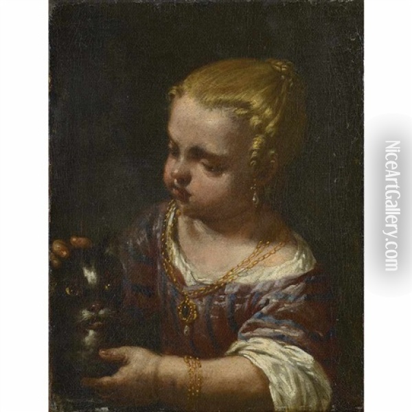 A Girl With A Cat Oil Painting - Antonio Mercurio Amorosi