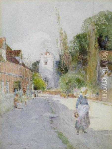 Figures On A Village Street With Church Beyond Oil Painting - Thomas Mackay