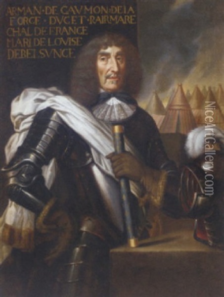 Portrait Of Armand De Caumont, Duc De La Force, Marshal Of France, In Armour, Holding A Baton, His Helm Beside Him Oil Painting - Philippe de Champaigne