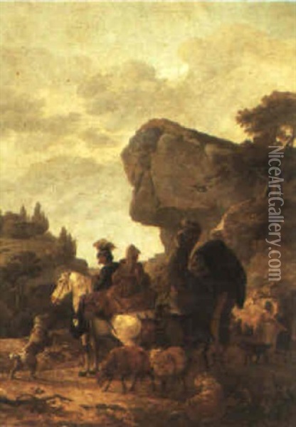 Travellers With Camels In A Rocky Landscape Oil Painting - Claude Michel Hamon Duplessis