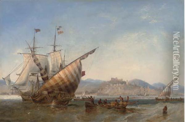 A British Frigate And Mediterranean Xebecs Off Sidon, Lebanon Oil Painting - John Wilson Carmichael