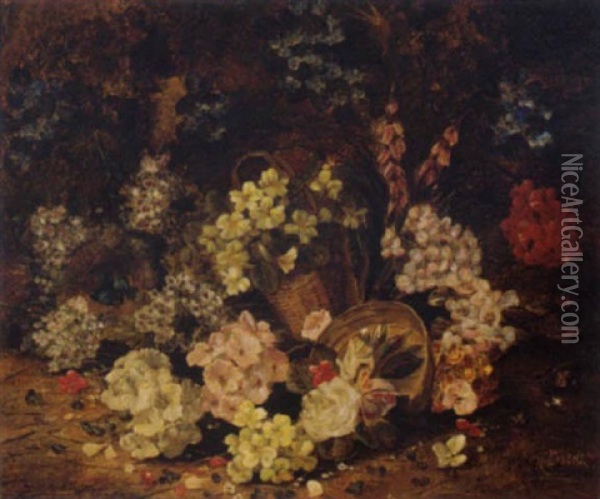 Spring Blossoms And A Bird's Nest With Eggs On A Mossy Bank Oil Painting - Henry John Livens